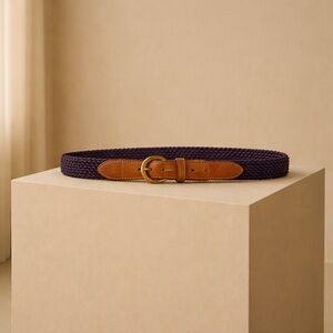 Polo Saddle Leather & Woven Aubergine Cord Stretch Belt 29”–35”